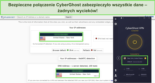 Zrzut ekranu z testu wycieku IP z połączonym CyberGhostem do serwera w USA, pokazujący brak wycieków danych