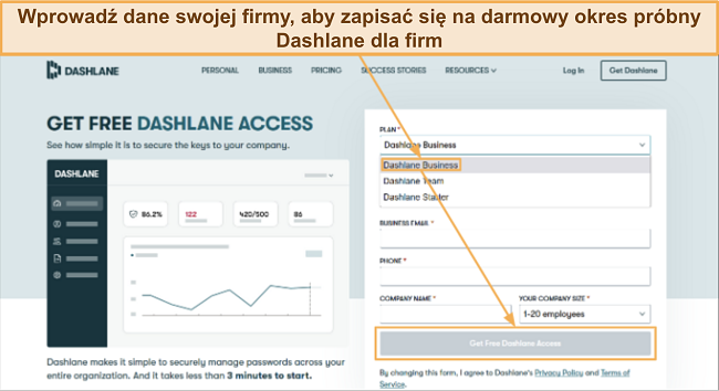 Zrzut ekranu pokazujący, jak zapisać się na darmowy okres próbny Dashlane dla firm