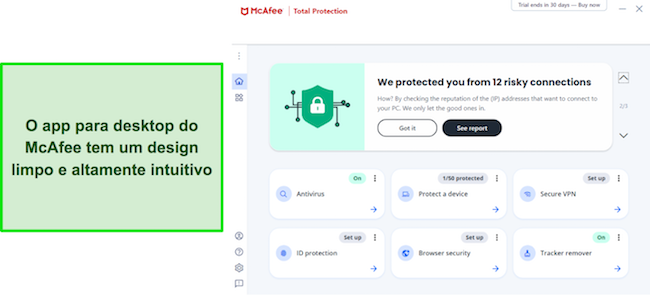 Captura de tela da interface de usuário do aplicativo Windows da McAfee