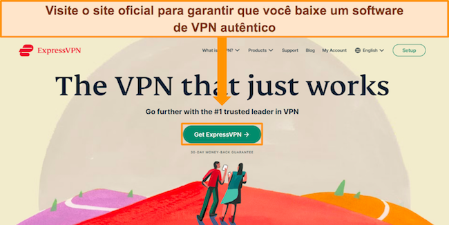 Captura de tela do site da ExpressVPN com o bot&atilde;o &ldquo;Obter ExpressVPN&rdquo; destacado.