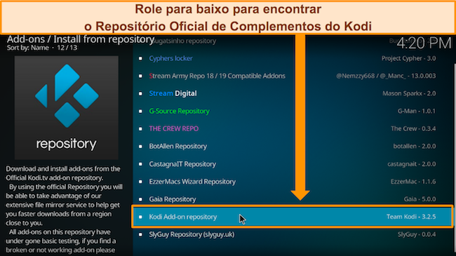 Captura de tela do Kodi mostrando onde est&aacute; o reposit&oacute;rio oficial do complemento Kodi.