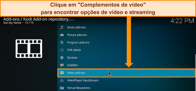 Captura de tela mostrando a opção “Complementos de vídeo” no repositório oficial do Kodi.