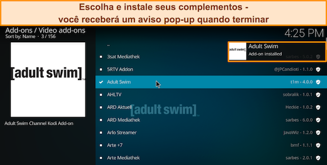 Captura de tela mostrando os vários complementos, com o Adult Swim destacado e instalado.