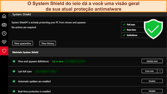 Captura de tela do recurso System Shield do iolo mostrando a proteção ativa contra malware em vigor