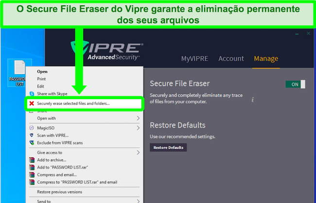Captura de tela da ferramenta segura de apagamento de arquivos do Vipre
