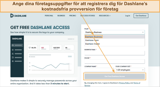 Skärmbild som visar hur man registrerar sig för Dashlane's kostnadsfria provversion för företag