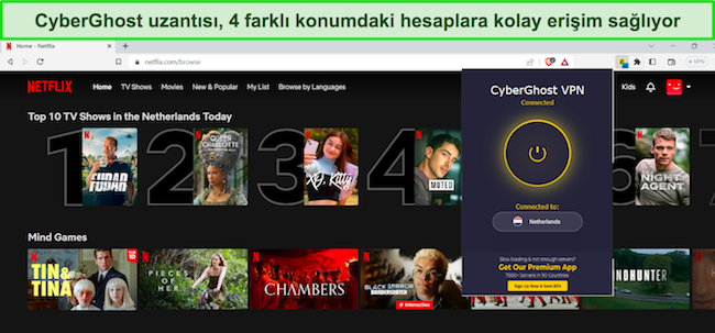 Brave tarayıcısında Netflix Hollanda'nın mevcut olduğu, Hollanda'daki bir sunucuya bağlı CyberGhost proxy uzantısının görüntüsü