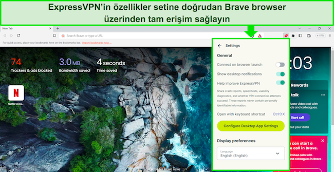 ExpressVPN'in Brave tarayıcısıyla kullanılan tarayıcı uzantısının görüntüsü.