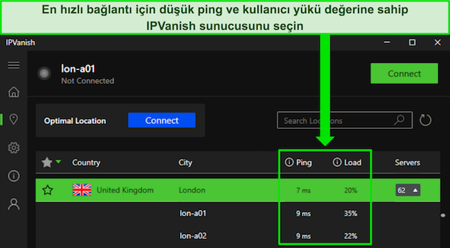 IPVanish'in Windows uygulamasının Birleşik Krallık-Londra sunucularını gösteren ve en hızlı bağlantıyı seçmek için düşük ping ve kullanıcı yükünü vurgulayan görüntüsü.