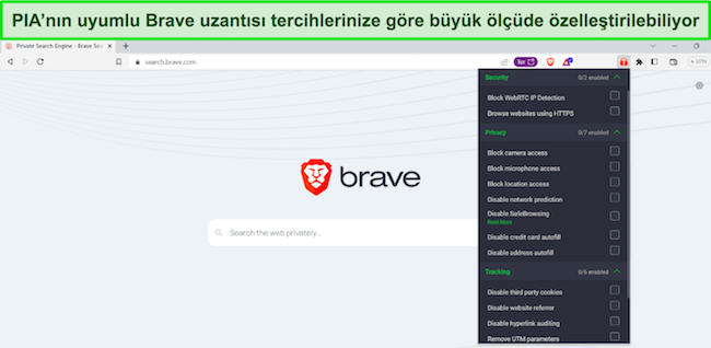 Özelleştirme için mevcut birçok güvenlik, gizlilik ve izleme seçeneğini gösteren, PIA'nın tarayıcı uzantısı açık olan Brave tarayıcısının görüntüsü.