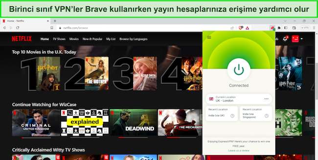ExpressVPN'in tarayıcı uzantısının Birleşik Krallık sunucusuna bağlı olduğu, Birleşik Krallık Netflix içerik seçeneklerini gösteren Brave tarayıcısının görüntüsü.