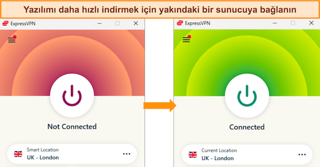 ExpressVPN'in Windows uygulamasının hem bağlantısı kesilmiş hem de Birleşik Krallık – Londra sunucusuna bağlı görüntüleri.