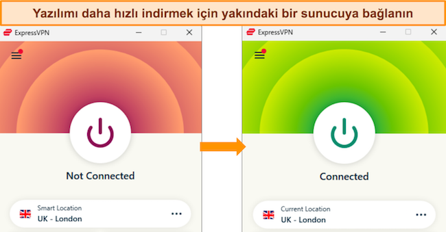 ExpressVPN'in Windows uygulamasının hem bağlantısı kesilmiş hem de Birleşik Krallık &ndash; Londra sunucusuna bağlı g&ouml;r&uuml;nt&uuml;leri.