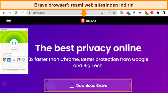 ExpressVPN'in Birleşik Krallık - Londra sunucusuna bağlı olduğu, indirme düğmesini vurgulayan Brave tarayıcı web sayfasının ekran görüntüsü.