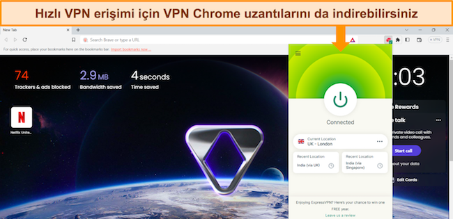 ExpressVPN'in Chrome tarayıcı uzantısının Birleşik Krallık - Londra sunucusuna bağlı olduğu Brave tarayıcısının yeni sekmede a&ccedil;ık g&ouml;r&uuml;nt&uuml;s&uuml;.