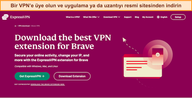 ExpressVPN'in mevcut uzantısını ve Brave tarayıcıyla uyumluluğunu ayrıntılarıyla gösteren web sayfasının ekran görüntüsü.