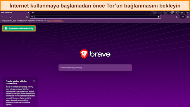 Brave'in Tor tarayıcı penceresinin, kullanıcıdan göz atmadan önce Tor'un bağlandığından emin olmasını isteyen görüntüsü.