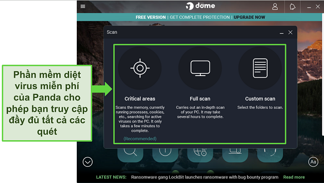 Ảnh chụp màn hình phần mềm diệt virus miễn phí của Panda trên một thiết bị Windows, cho thấy tất cả 3 quét đều có sẵn