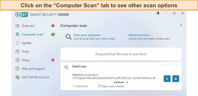 Screenshot of ESET's initial scan in progress