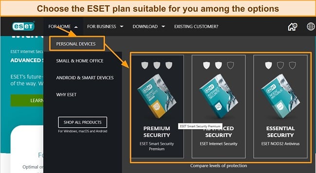 Screenshot of ESET's premium plans