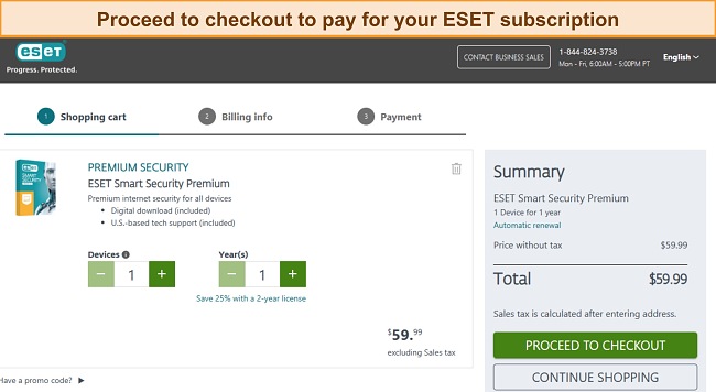 Screenshot of ESET's subscription payment page