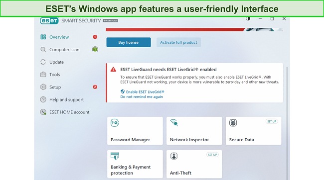 Screenshot of ESET's Windows app interface