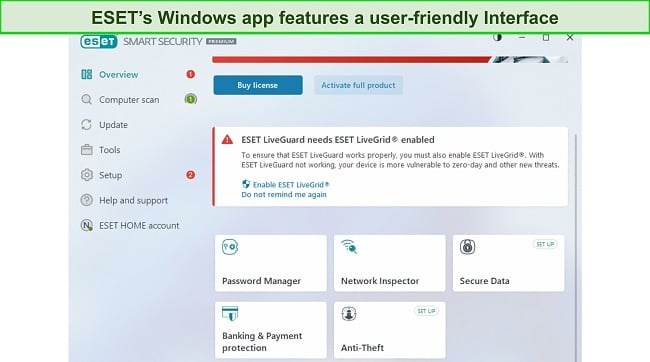 Screenshot of ESET's Windows app interface