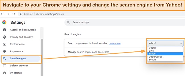 Screenshot showing Chrome's search engine tab
