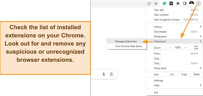 Screenshot of Chrome menu option showing extensions button