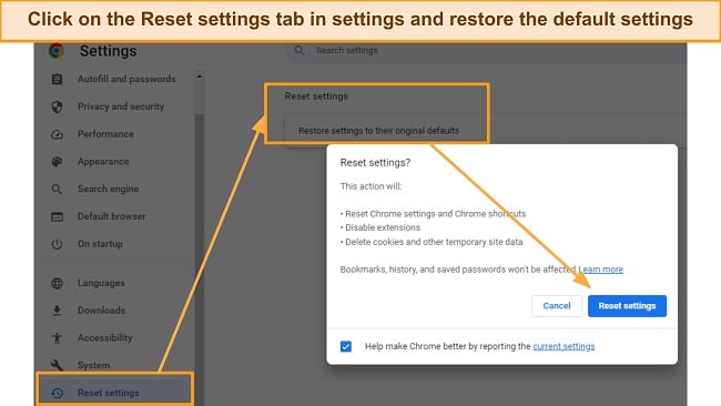 Screenshot showing Chrome's Restore settings option