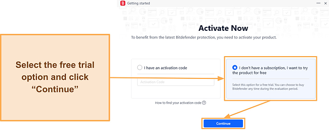 Screenshot showing how to activate Bitdefender's free trial