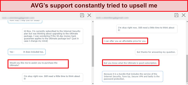 Screenshot of a conversation with AVG's live chat support