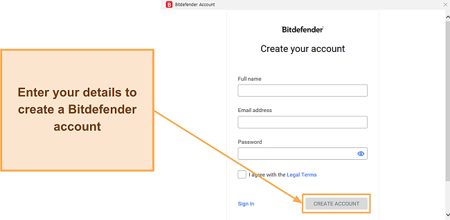 Screenshot showing how to create your Bitdefender accoutn
