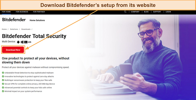 Screenshot showing how to download Bitdefender's setup from its website