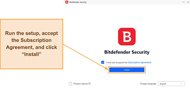 Screenshot showing how to start Bitdefender's installation on Windows
