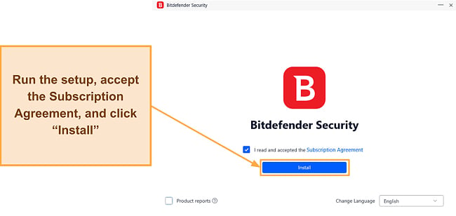 Screenshot showing how to start Bitdefender's installation on Windows