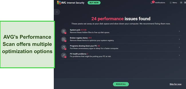 Screenshot of AVG performance scan results
