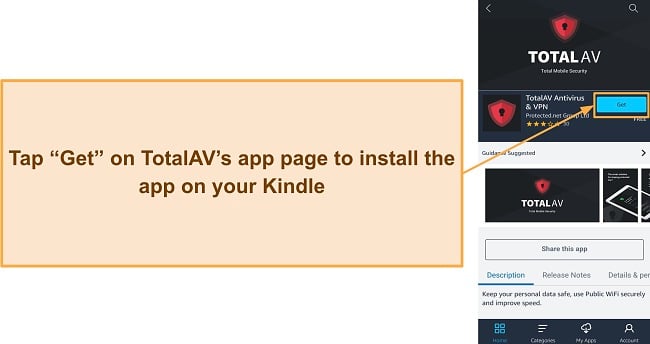 Screenshot showing how to install TotalAV from the Amazon app store