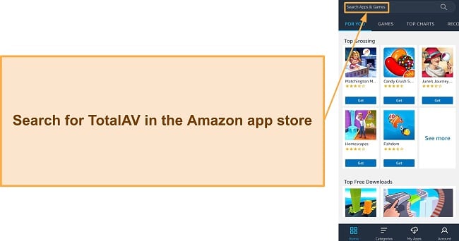 Screenshot showing how to search for TotalAV in Amazon's app store