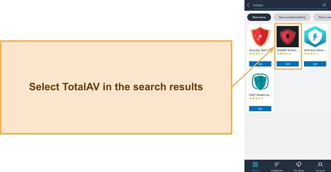 Screenshot of TotalAV in Amazon app store's search results