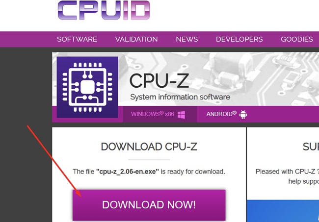 Скріншот кнопки завантаження CPU-Z