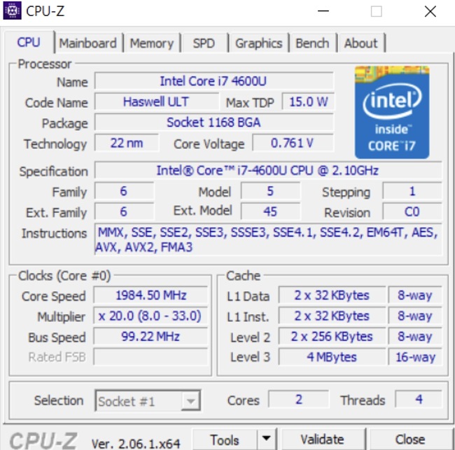 Скріншот інтерфейсу користувача CPU-Z