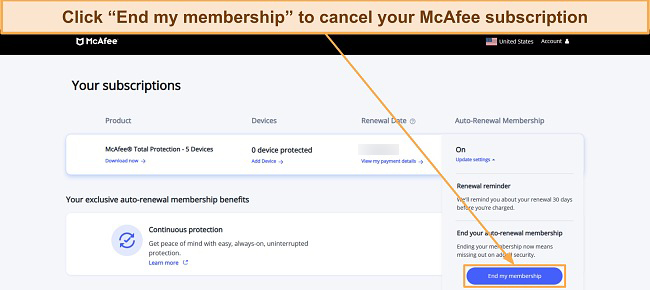 Screenshot showing how to cancel McAfee subscription