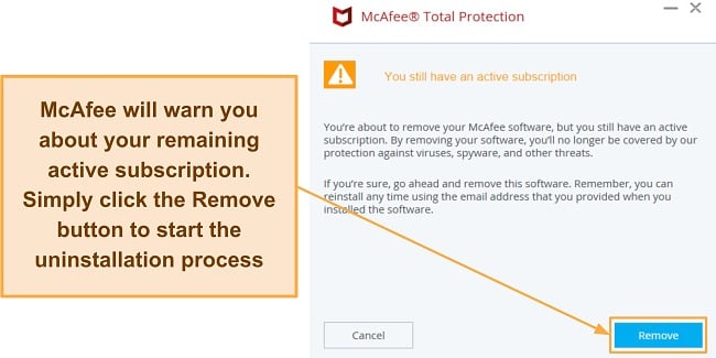 Screenshot of McAfee asking for uninstall confirmation