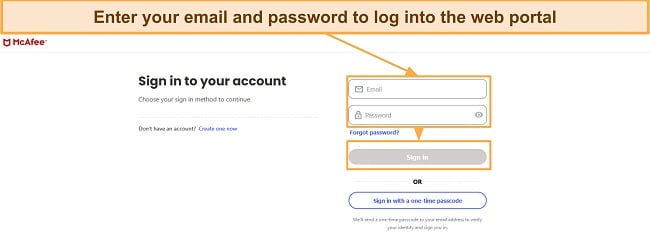 Screenshot showing how to sign into McAfee's web portal