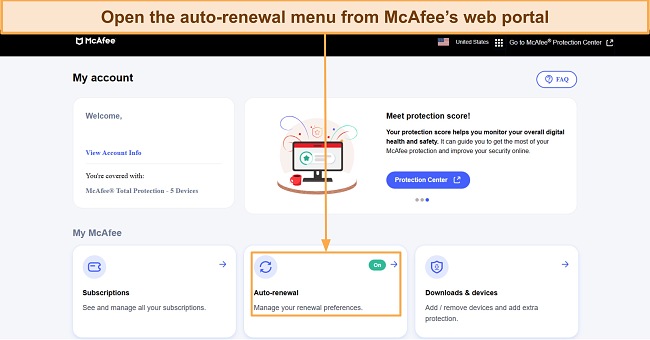 Screenshot showing how to access McAfee's auto-renewal menu