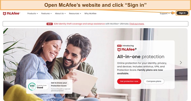 Screenshot showing how to access the sign-in page for McAfee's web portal