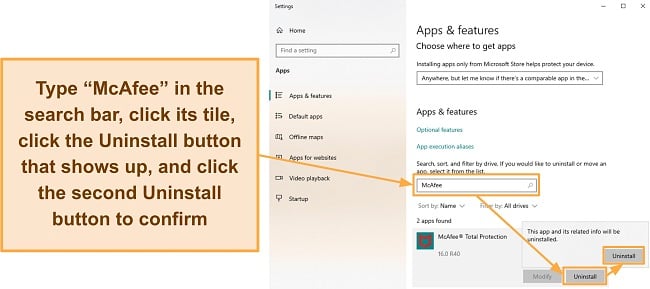 Screenshot showing how to start McAfee's uninstaller from the Apps & features menu