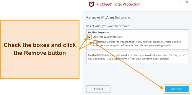Screenshot showing the uninstallation settings for McAfee's uninstaller