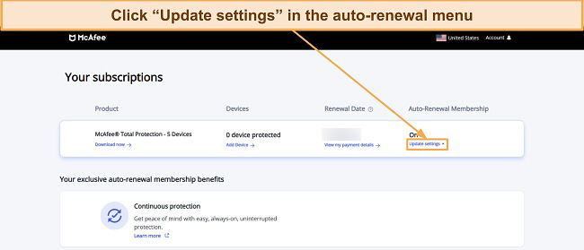 Screenshot showing how to update McAfee's auto-renewal settings